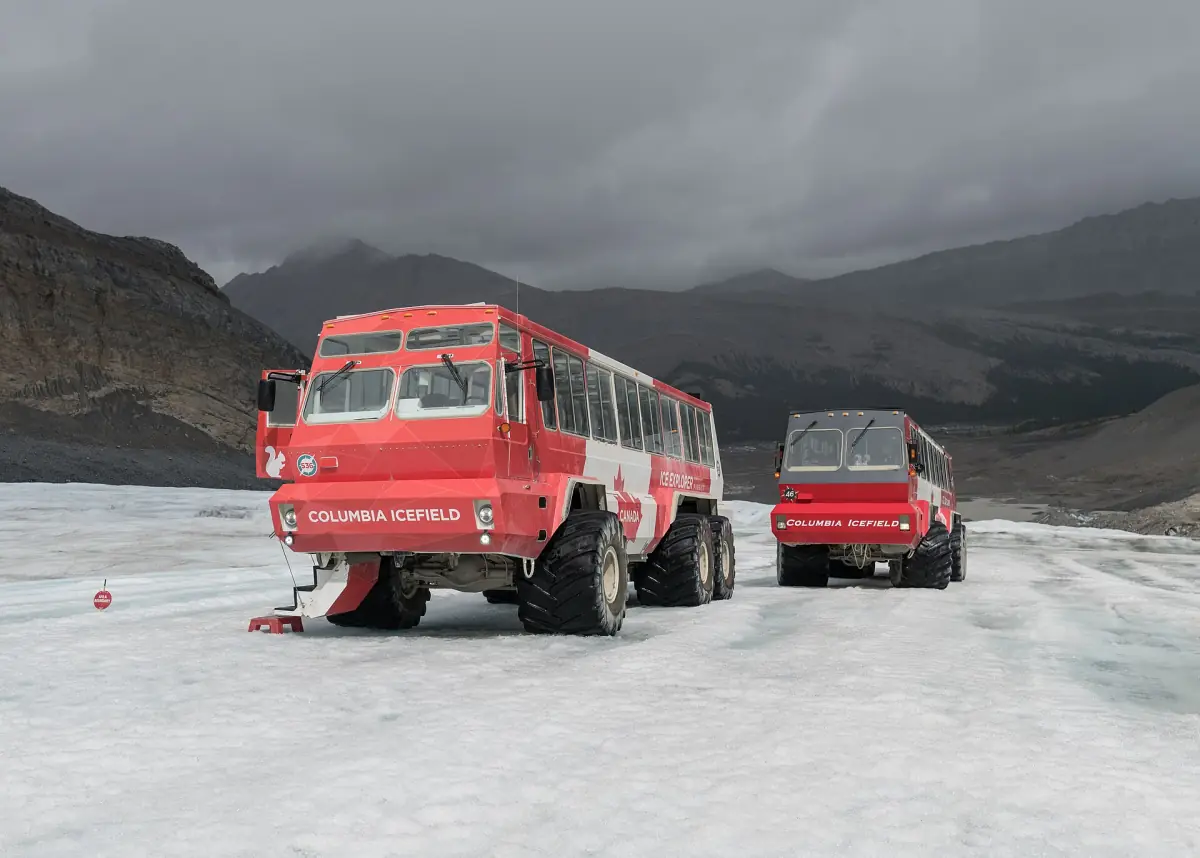 Ice Explorer vehicles on the Athabasca Glacier