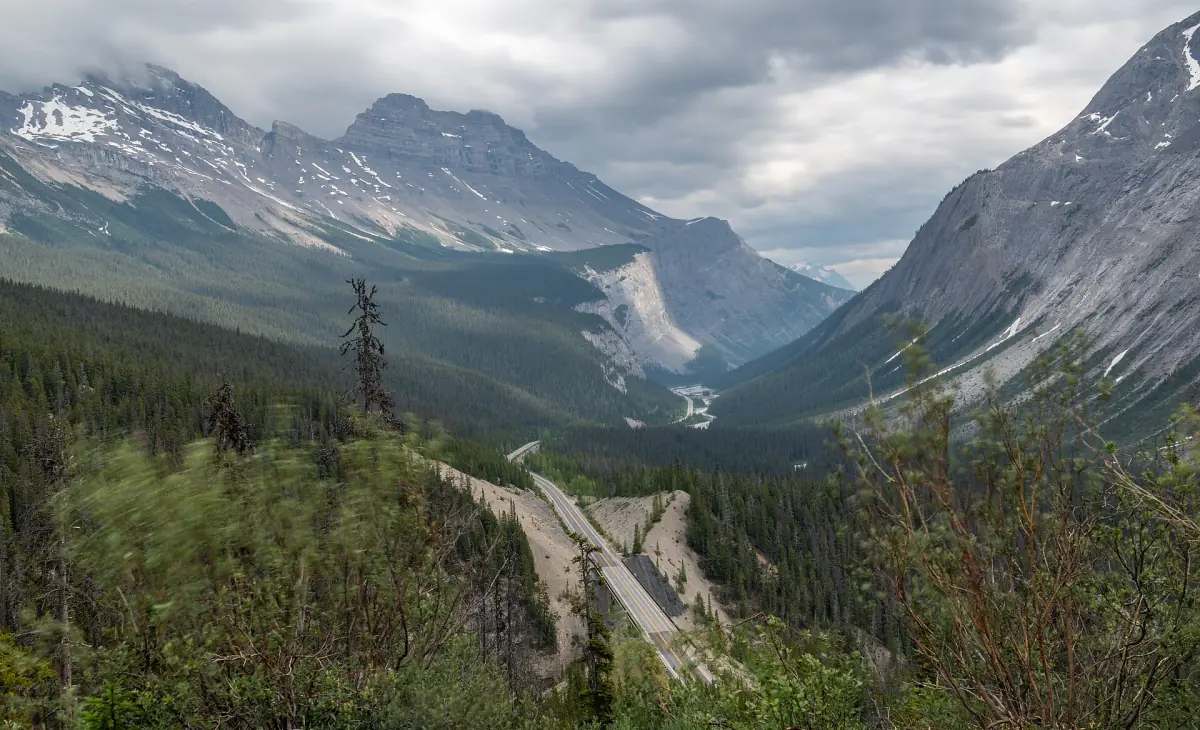 The Icefields Parkway winding through the valley