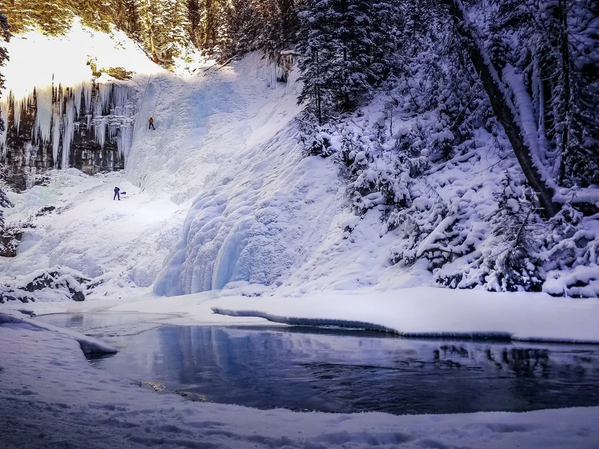 Frozen falls in Johnston Canyon in winter