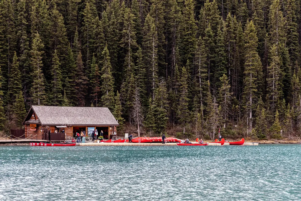 The boathouse and canoes on Lake Louise